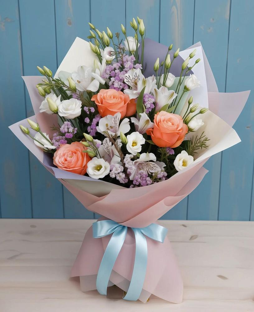 Букет цветов из: Лизиантусы, Розы, Альстромерии и Гипсофила в Туме