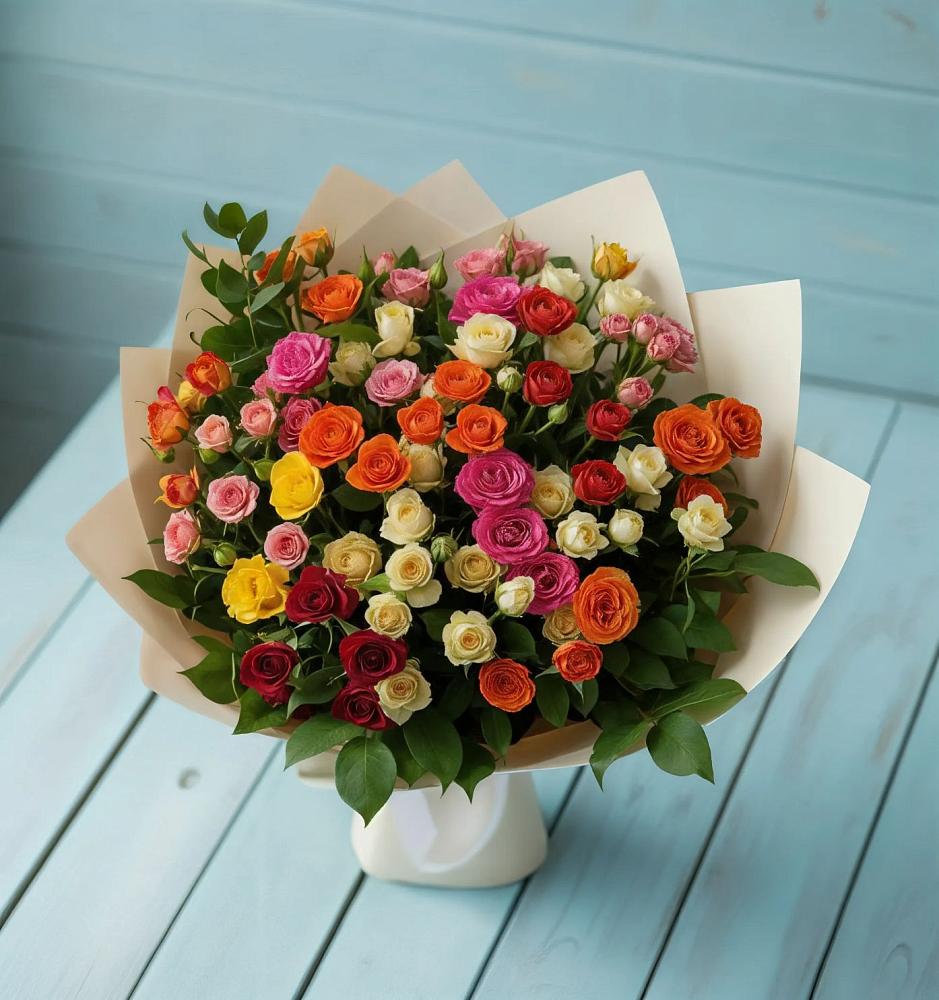 Букет Микс из разноцветных кустовых роз в Туме