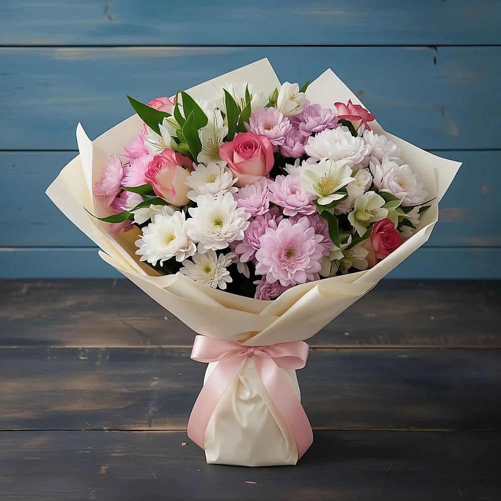 Букет цветов из: Хризантемы, Альстромерии и Розы в Туме